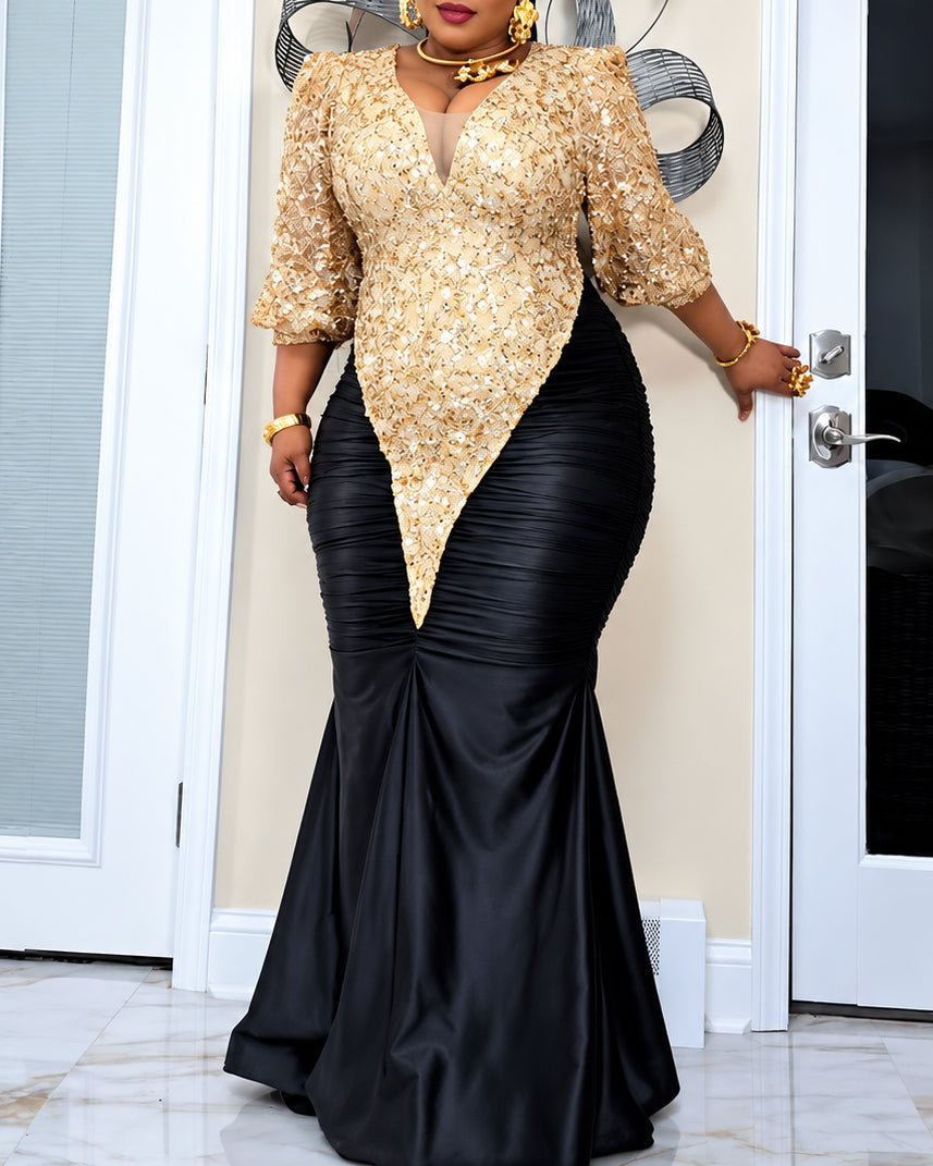 Plus Size Lace Puff Sleeve Sequin Lace Mermaid Maxi Gown Evening Dress
