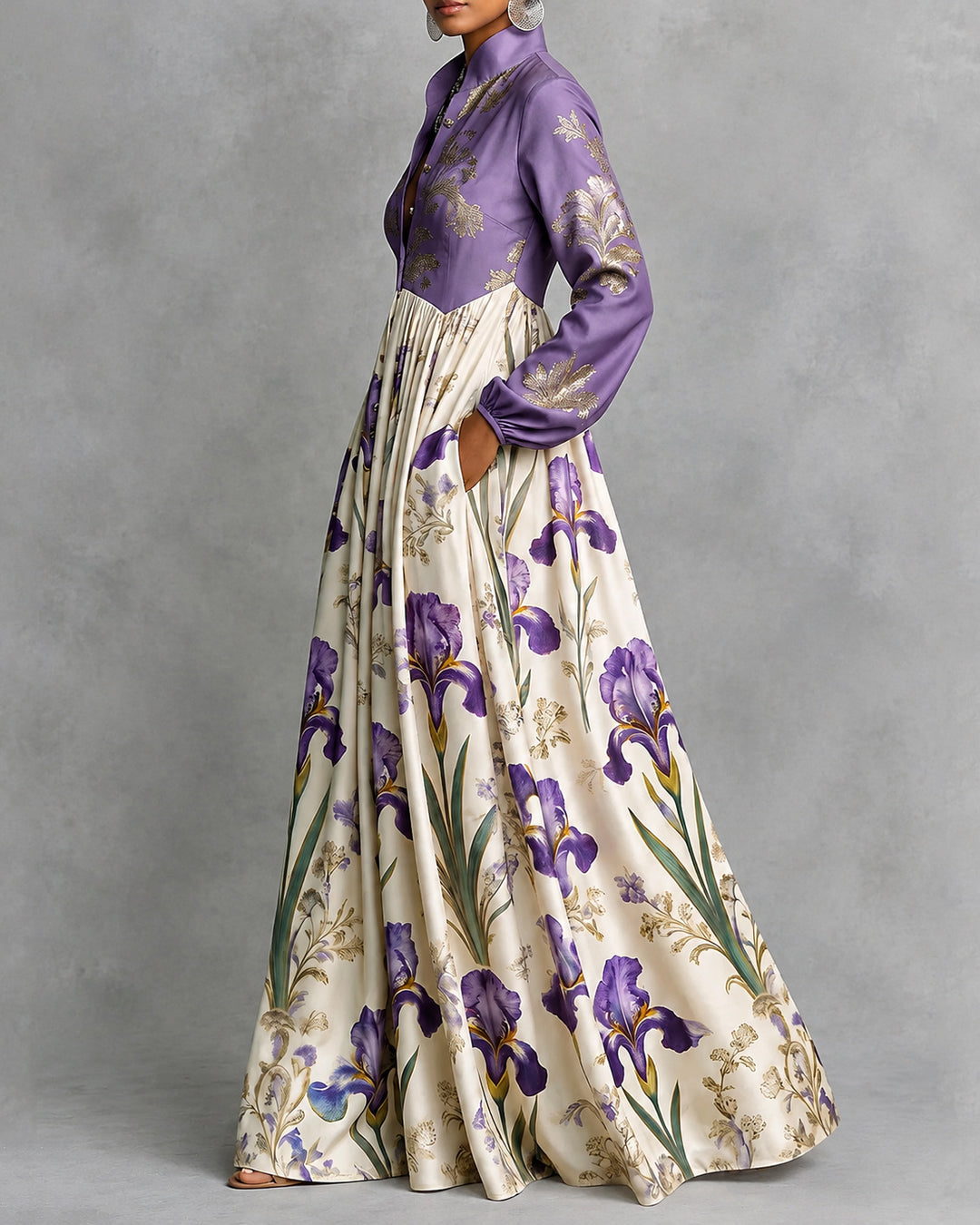 Flower Print Contrast Color Buttoned Pockets Loose Long Sleeves Stand Collar Maxi Dresses
