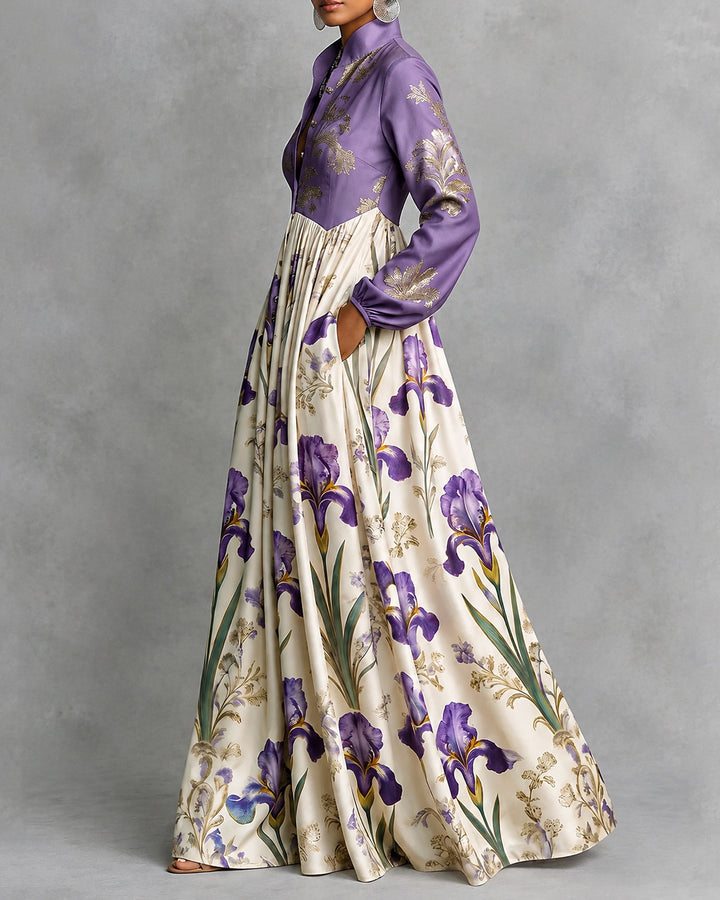 Flower Print Contrast Color Buttoned Pockets Loose Long Sleeves Stand Collar Maxi Dresses