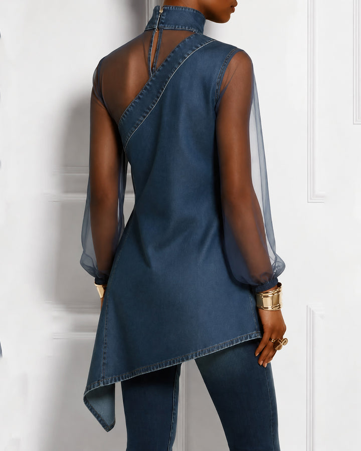Long Sleeves Puff Sleeves Asymmetric Mesh Split-Joint Mock Neck Blouses&Shirts Tops