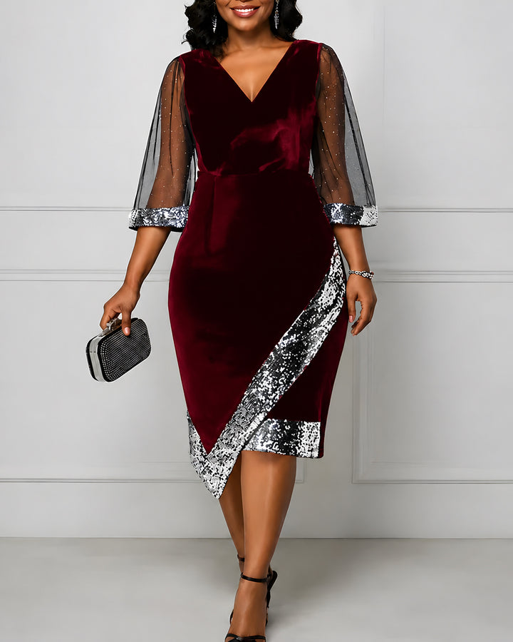 Women's Gold Velvet Irregular Sequins See-through Mesh Dress