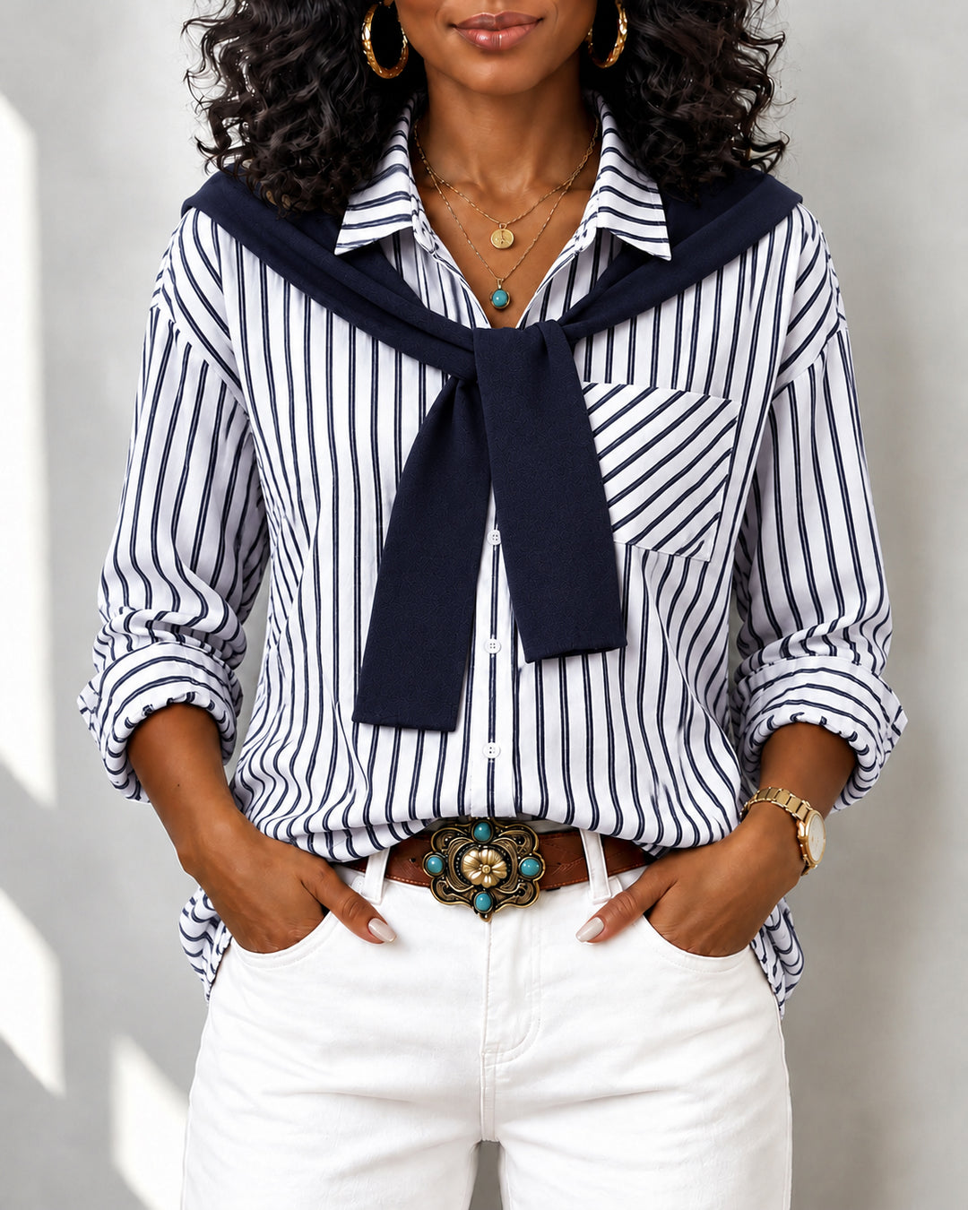 Women's 2 in 1 Striped Button Down Shirt with Attached Tie Shawl