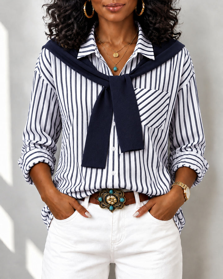 Women's 2 in 1 Striped Button Down Shirt with Attached Tie Shawl