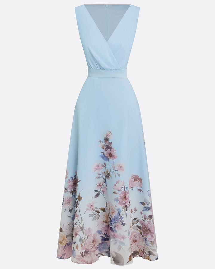 Light Blue Floral Chiffon V Neck Sleeveless A-Line Maxi Dress