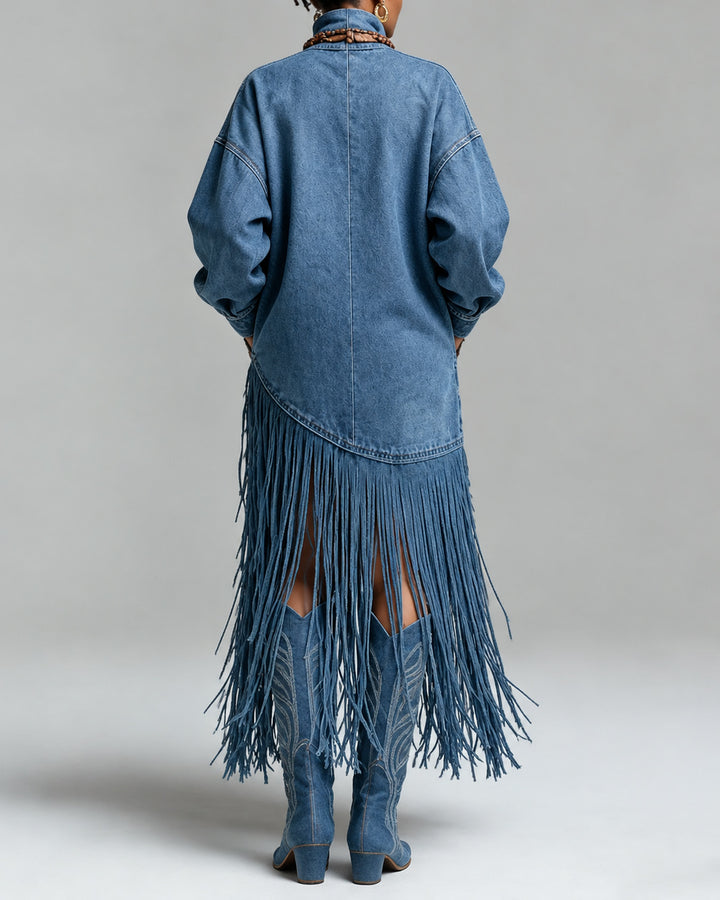 Women's Western Cowgirl Denim Fringe Maxi Dress