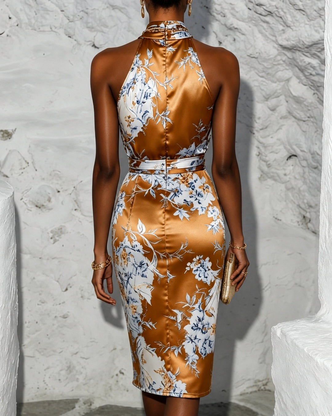 Brown Floral Satin Halter Sleeveless Sheath Midi Dress