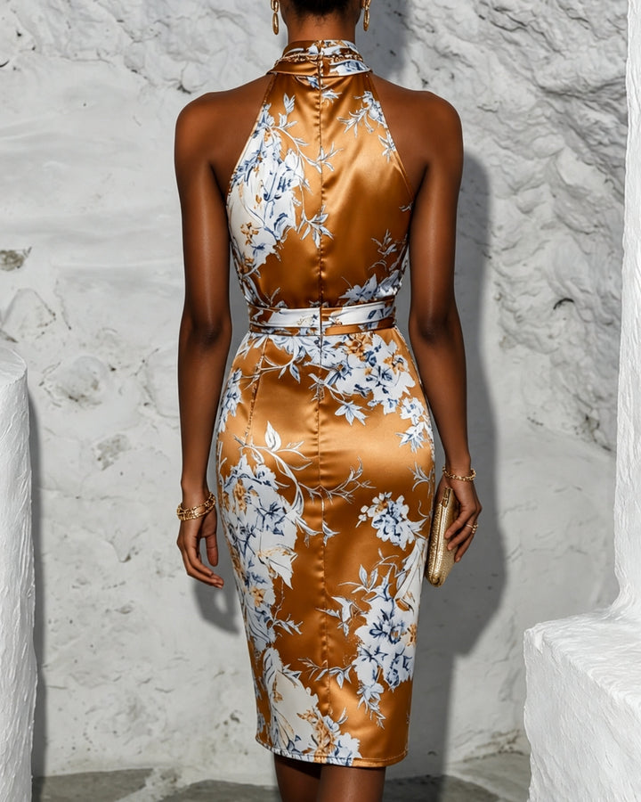 Brown Floral Satin Halter Sleeveless Sheath Midi Dress