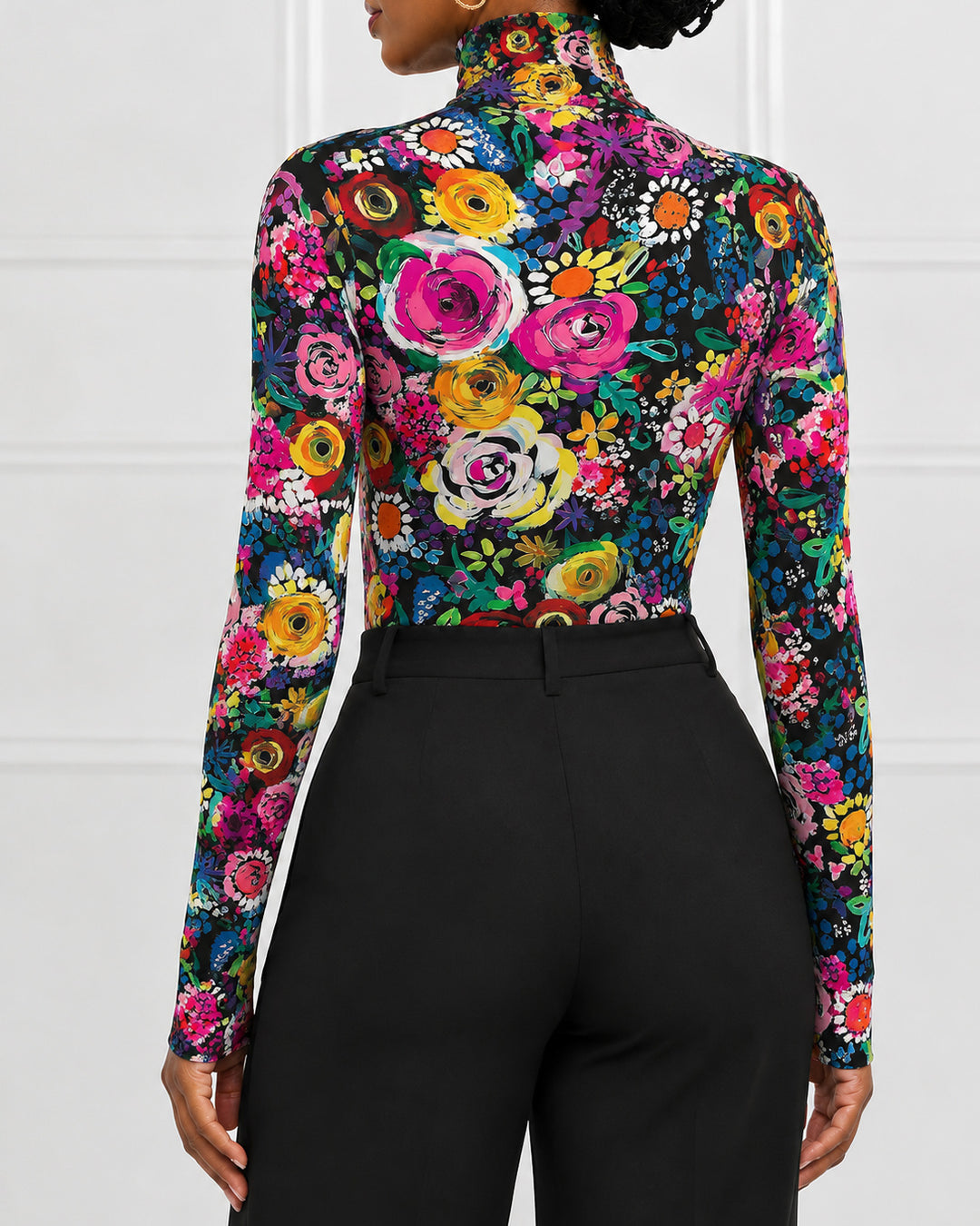Floral Oil Painting Art Turtleneck Tight Fit Long Sleeve T-Shirt