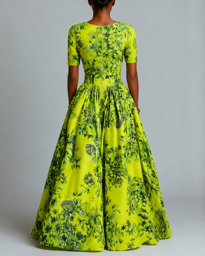 Round Neck Short Sleeve Green Floral High Waist Flared Maxi Dress