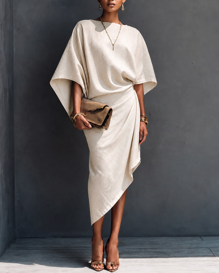 Cotton and Linen Batwing Sleeve Wrap-style Asymmetrical Midi Dress