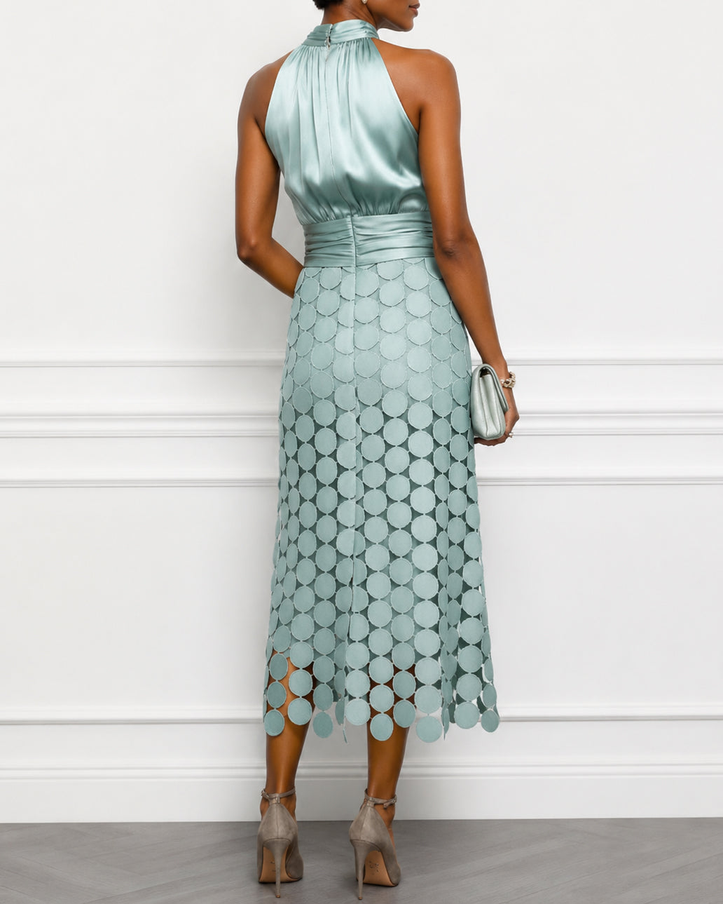 Satin Ruched Halter Neck Sleeveless A-Line Midi Dresses