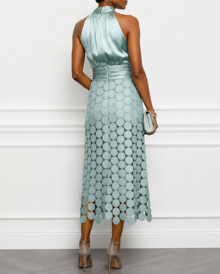 Satin Ruched Halter Neck Sleeveless A-Line Midi Dresses