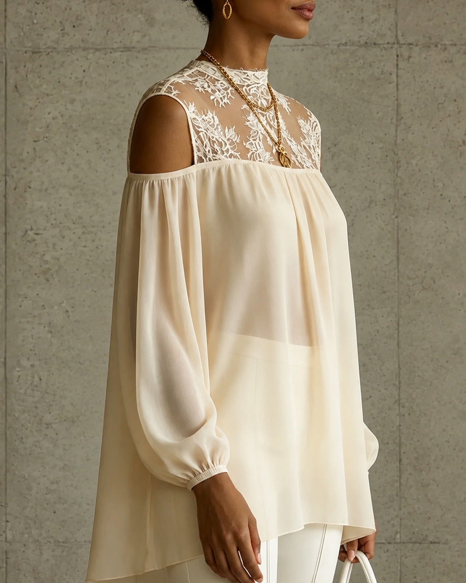 Lace-trimmed Round Neck Lantern Sleeves Blouse