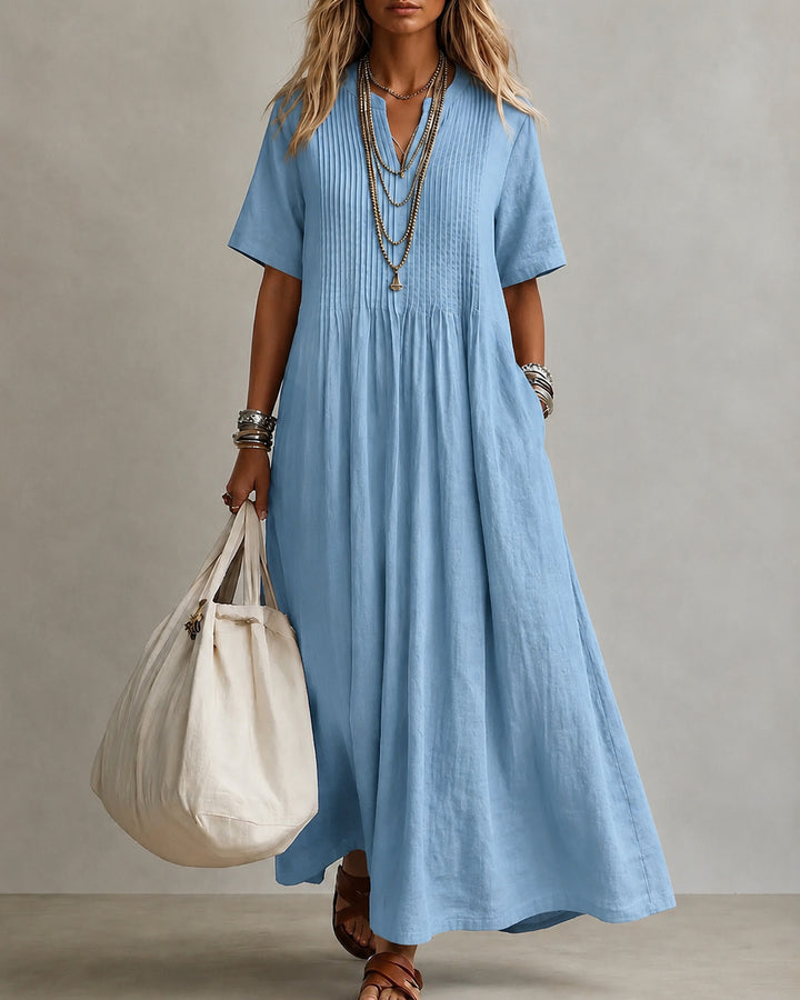 Loose V-neck Short-sleeved Pleated Cotton-linen Dress