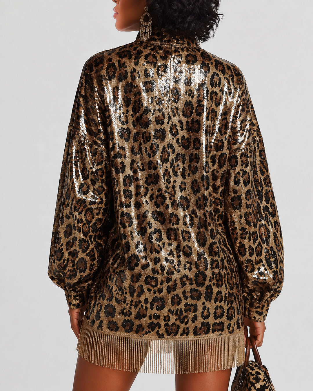 Leopard Sequin Turtleneck Long Sleeve Fringe Hem Mini Dress