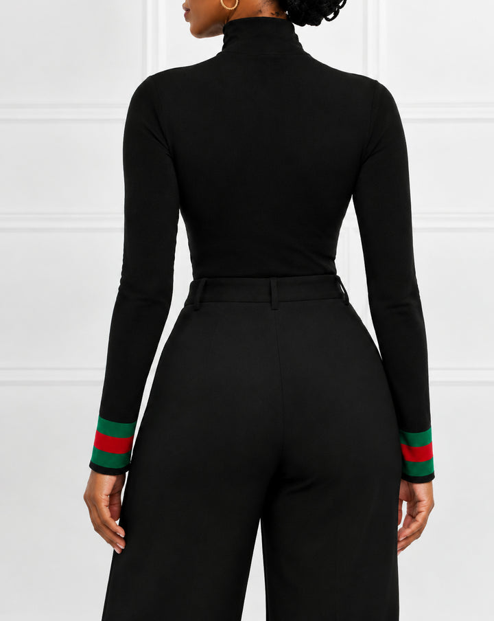 Minimalist Striped Print Turtleneck Tight Fit Long Sleeve T-Shirt