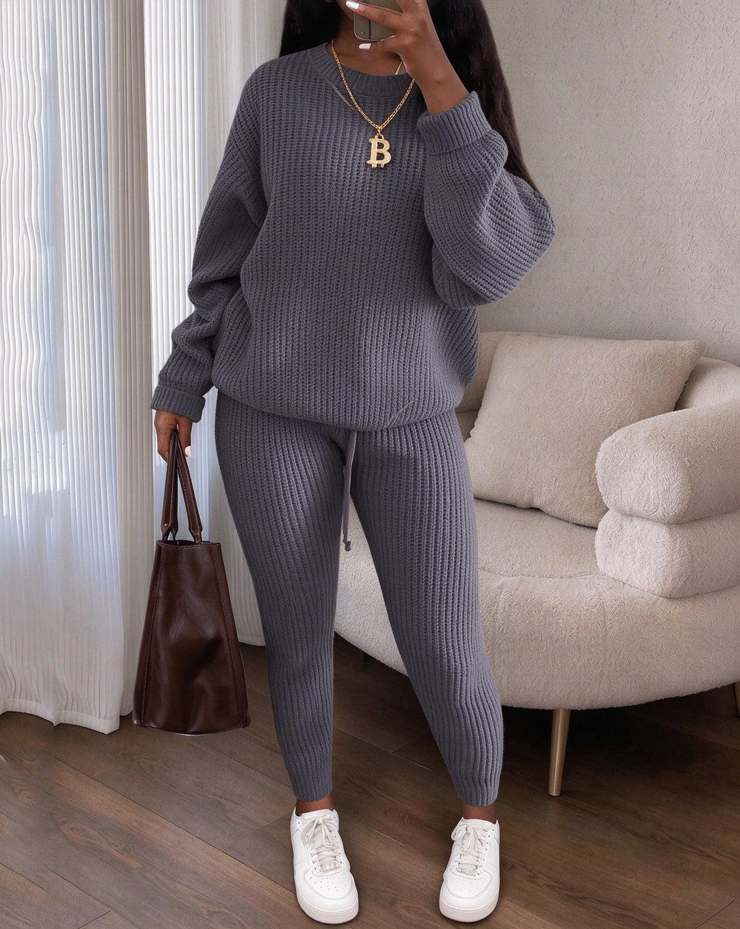 Women's Crew Neck Long Sleeve Oversized Ribbed Knit 2 Piece Outfit Set