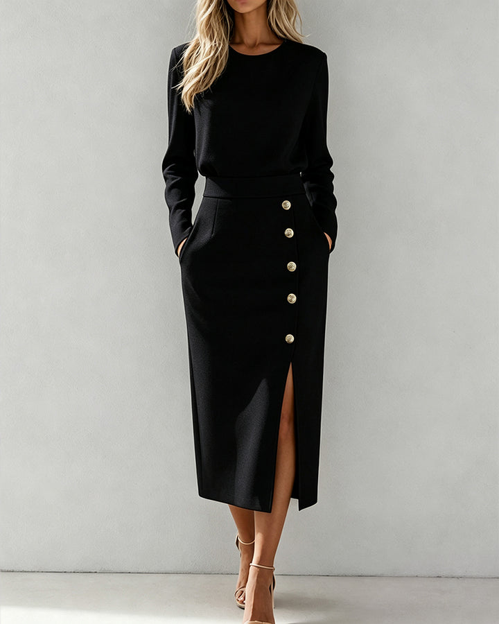 Solid Color Round Neck Long Sleeve Fitted Waist Button Slit Dress