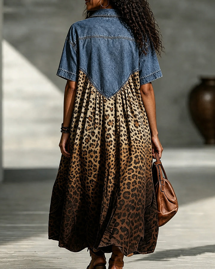 Women’s Denim Spliced Gradient Leopard Print Shirt Midi Dress