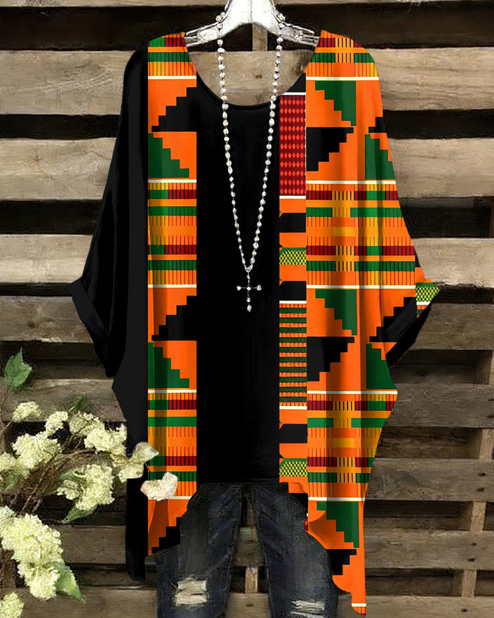 Orange Ankara Splicing Print Round Neck Irregular Shirt