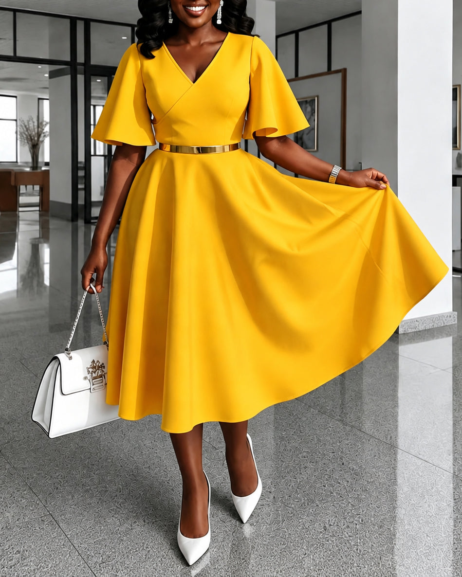 V-Neck Flared Sleeve Midi Swing Dress