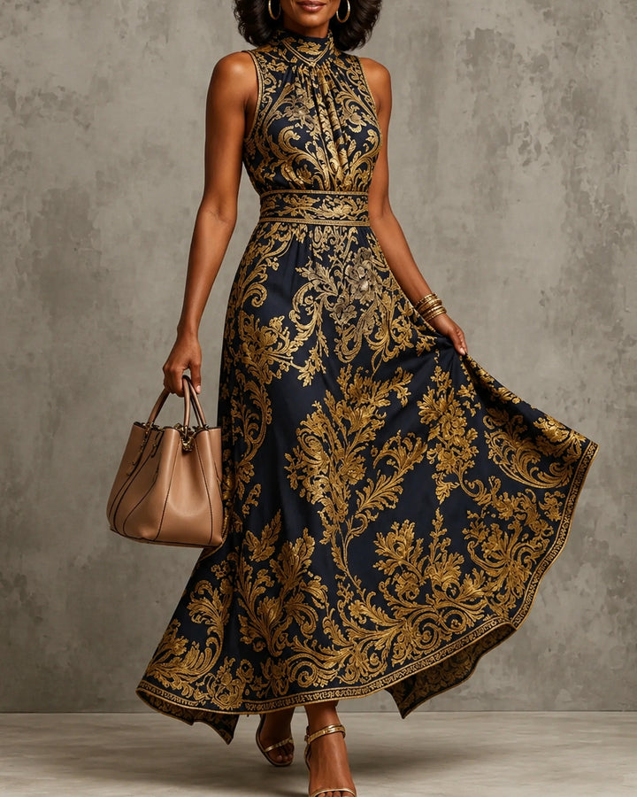 Semi-High Neck Golden Floral Sleeveless High Waist Full Swing Midi Dress