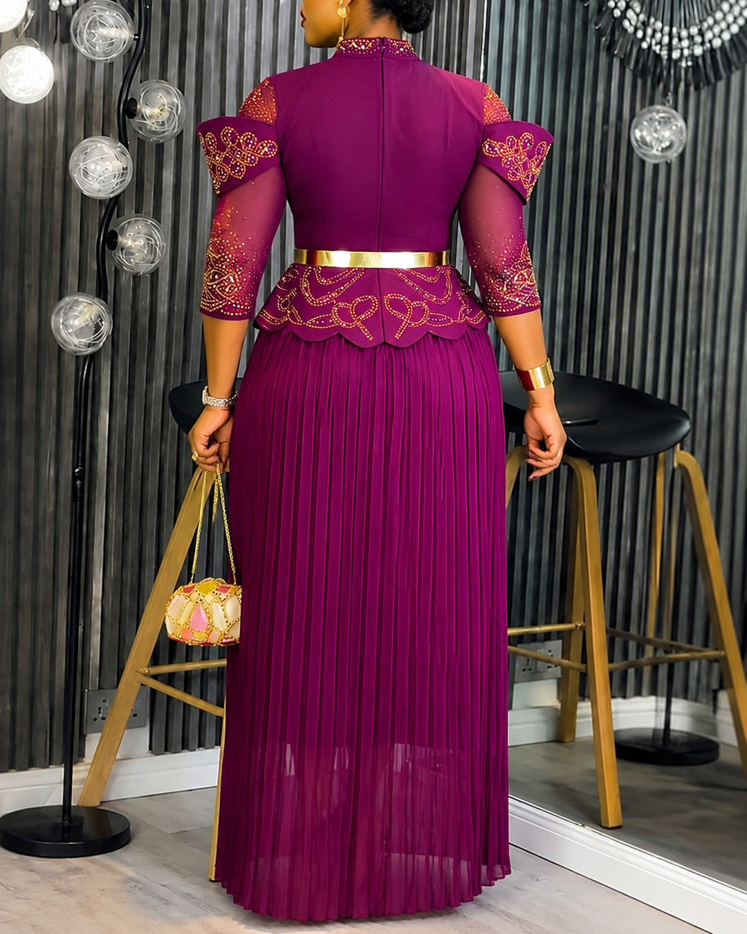 Plus Size Gold Rhinestone Embroidered High Neck Pleated Maxi Dress