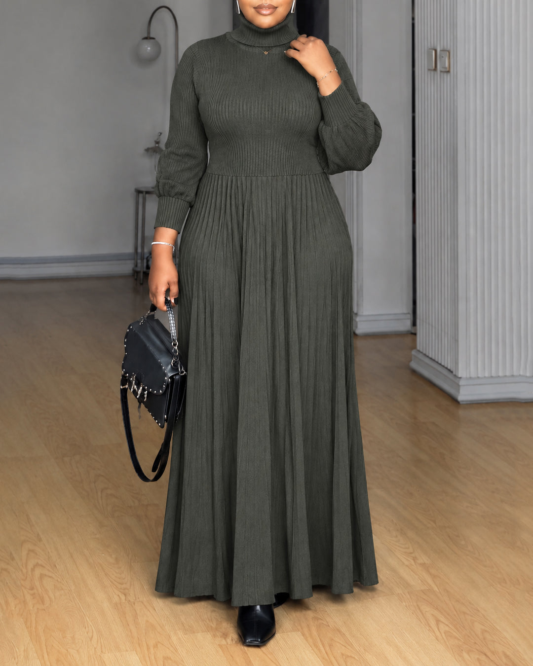 Women Turtleneck Balloon Long Sleeve Knit Maxi Dress