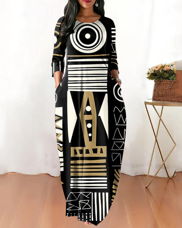 Round Neck Abstract African Art Long Sleeves Maxi Dress