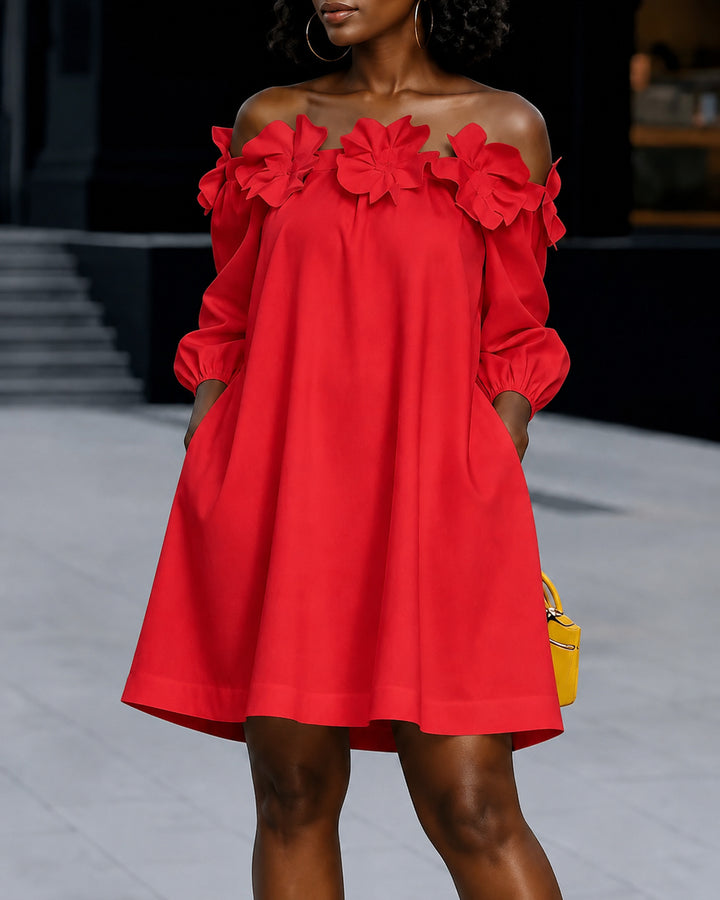 Half Sleeves Loose Pockets Solid Color Flower Off-The-Shoulder Mini Dresses