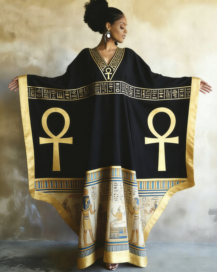Vintage Ankh Ancient Egyptian V-neck Long Kaftan Dress