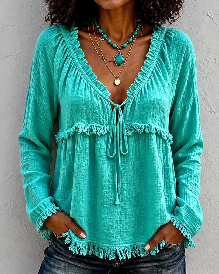 Boho Fringe Trim Tie Front Crinkle Textured Long Sleeve Blouse