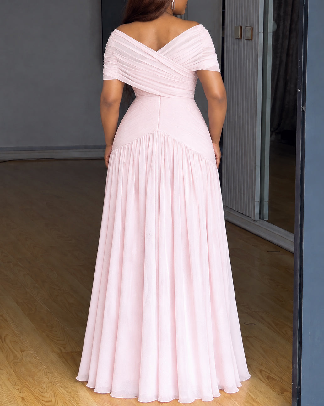 Women Off The Shoulder Ruched V Neck Chiffon Maxi Dress