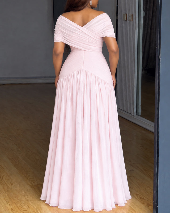 Women Off The Shoulder Ruched V Neck Chiffon Maxi Dress