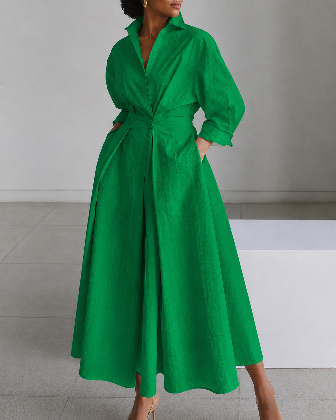 Women's Modest  Long Sleeve Pocket-Equipped Midi Dress