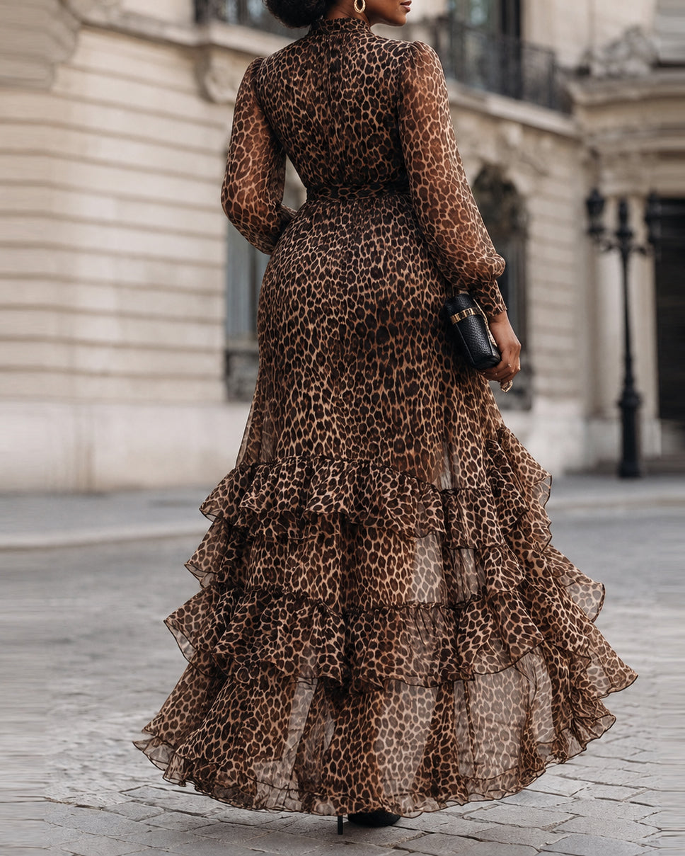Collared Long Sleeve Chiffon Ruffled High Low Hem Flowy Party Evening Dress