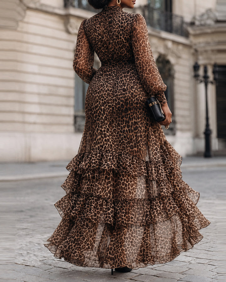 Collared Long Sleeve Chiffon Ruffled High Low Hem Flowy Party Evening Dress