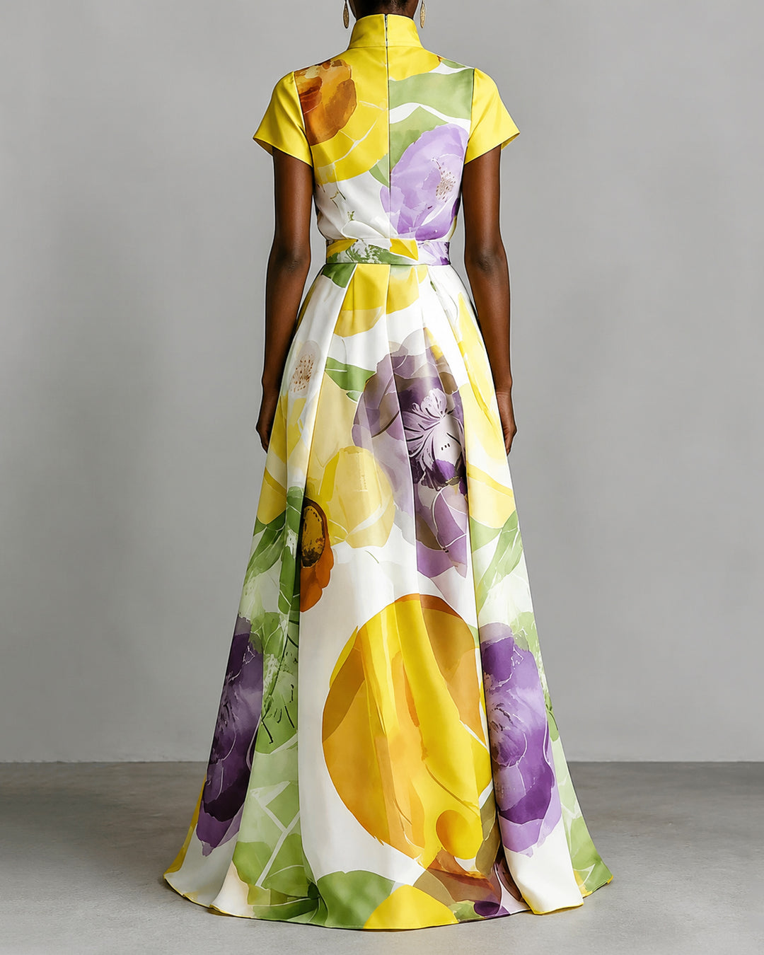 Watercolor Big Floral Print Stand Collar Maxi Dress