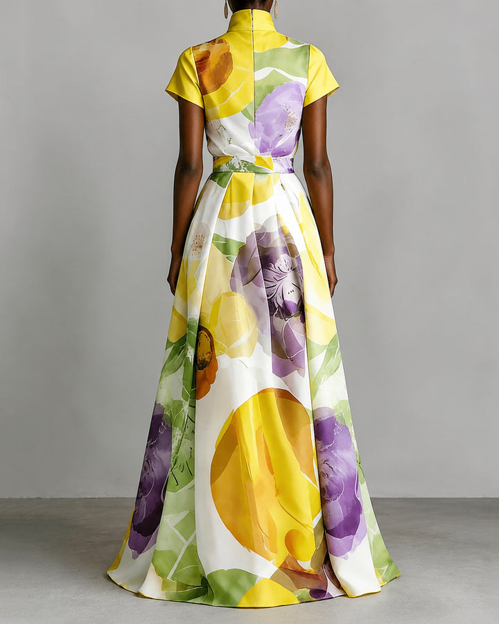 Watercolor Big Floral Print Stand Collar Maxi Dress