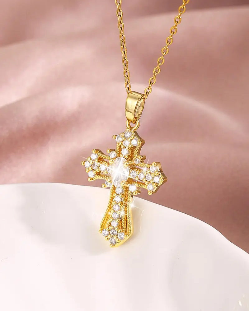 Rhinestone Cross Pendant Necklace For Women For Gift