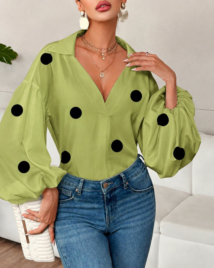 Collared V‑Neck Balloon Long Sleeve Blouse