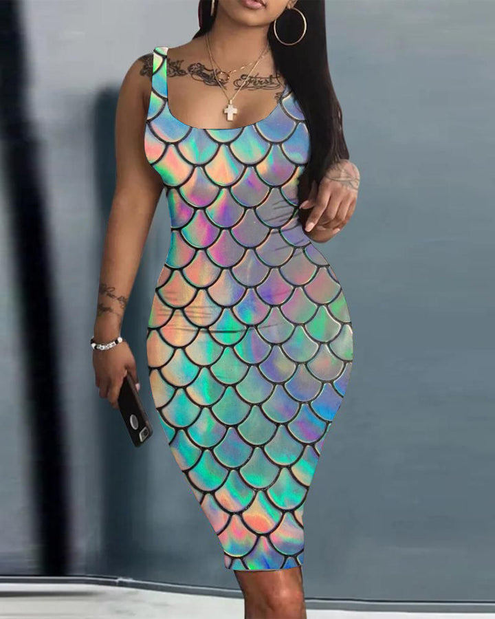 Multi-colored Fun Fish Scale Print Bodycon Scoop Neck Mini Dress