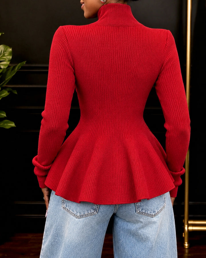 Women Ribbed Knit Peplum Sweater Fitted Long Sleeve Cardigan Top