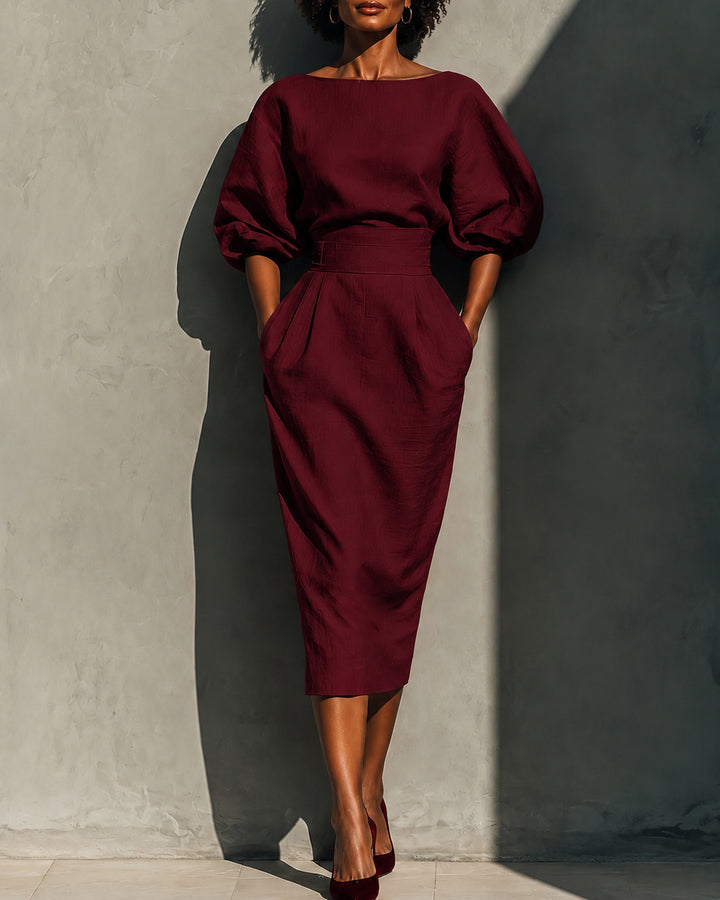 Off Shoulder Puff Sleeve High Waist Ruched Dress