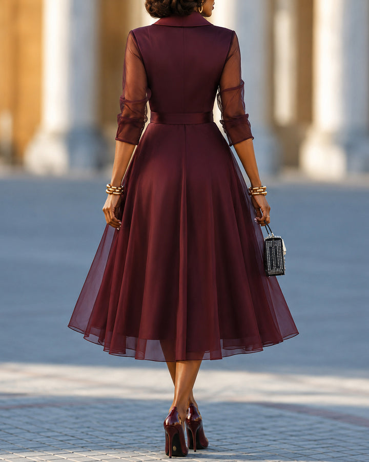 Burgundy Satin Lapel Wrap Midi Dress Sheer 3/4 Sleeve Cocktail Dress