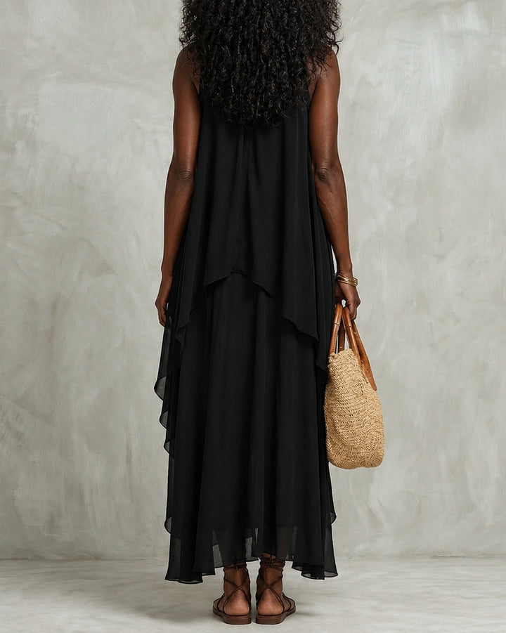Black Chiffon Layered Round Neck Sleeveless Maxi Dress