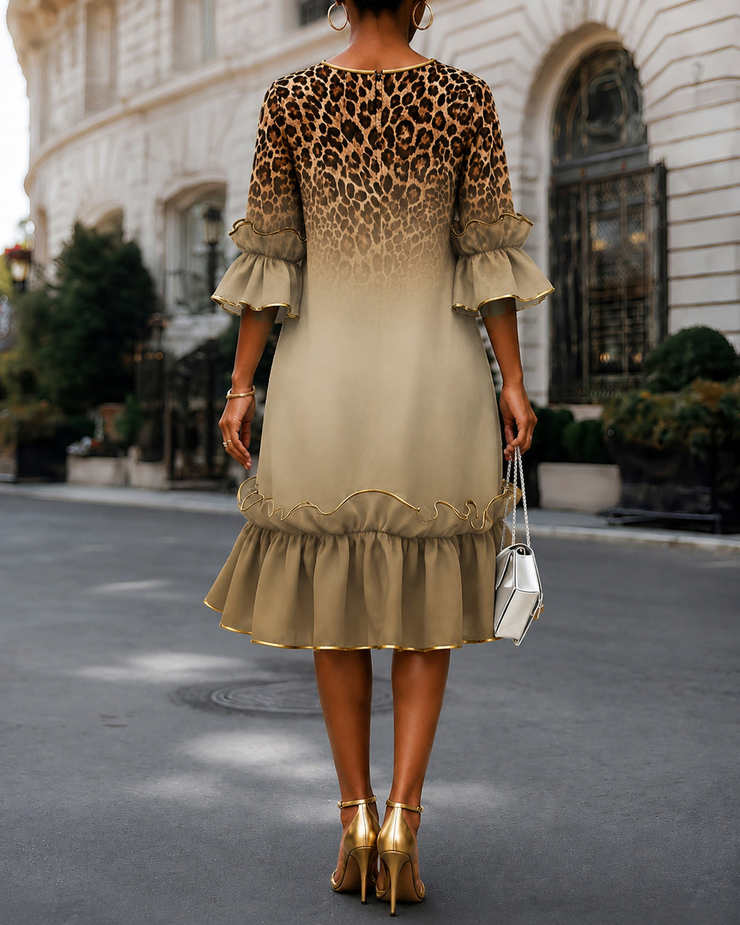 Leopard Print Gradient Elegant Lace Crew Neck Midi Dress