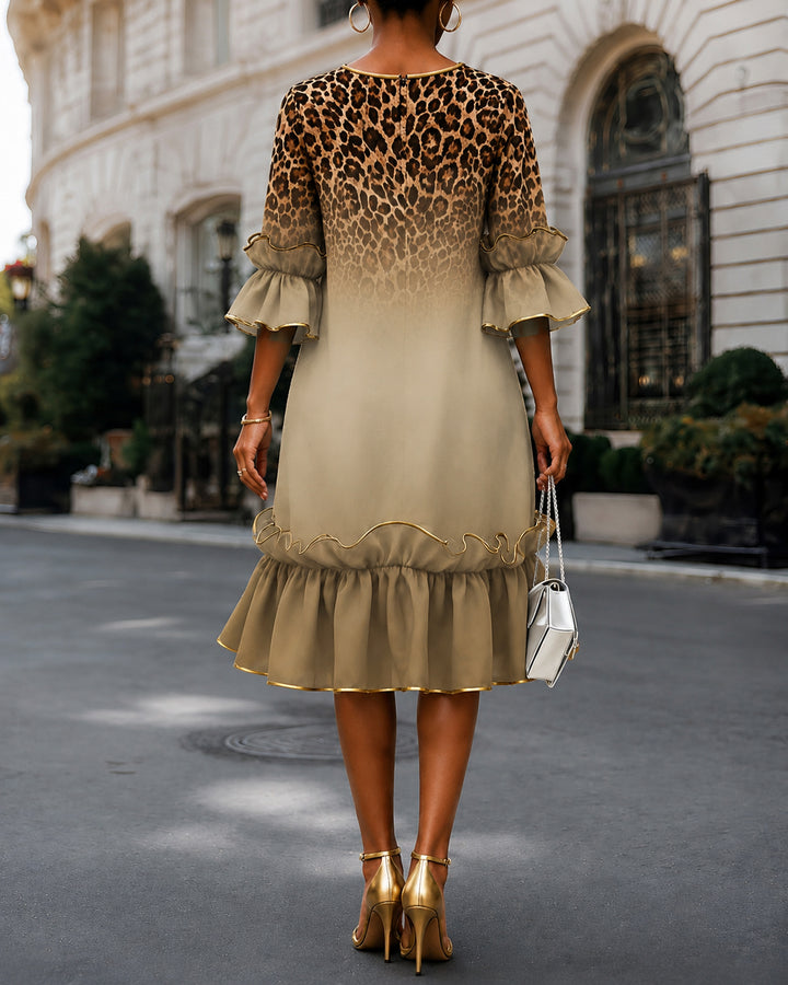 Leopard Print Gradient Elegant Lace Crew Neck Midi Dress
