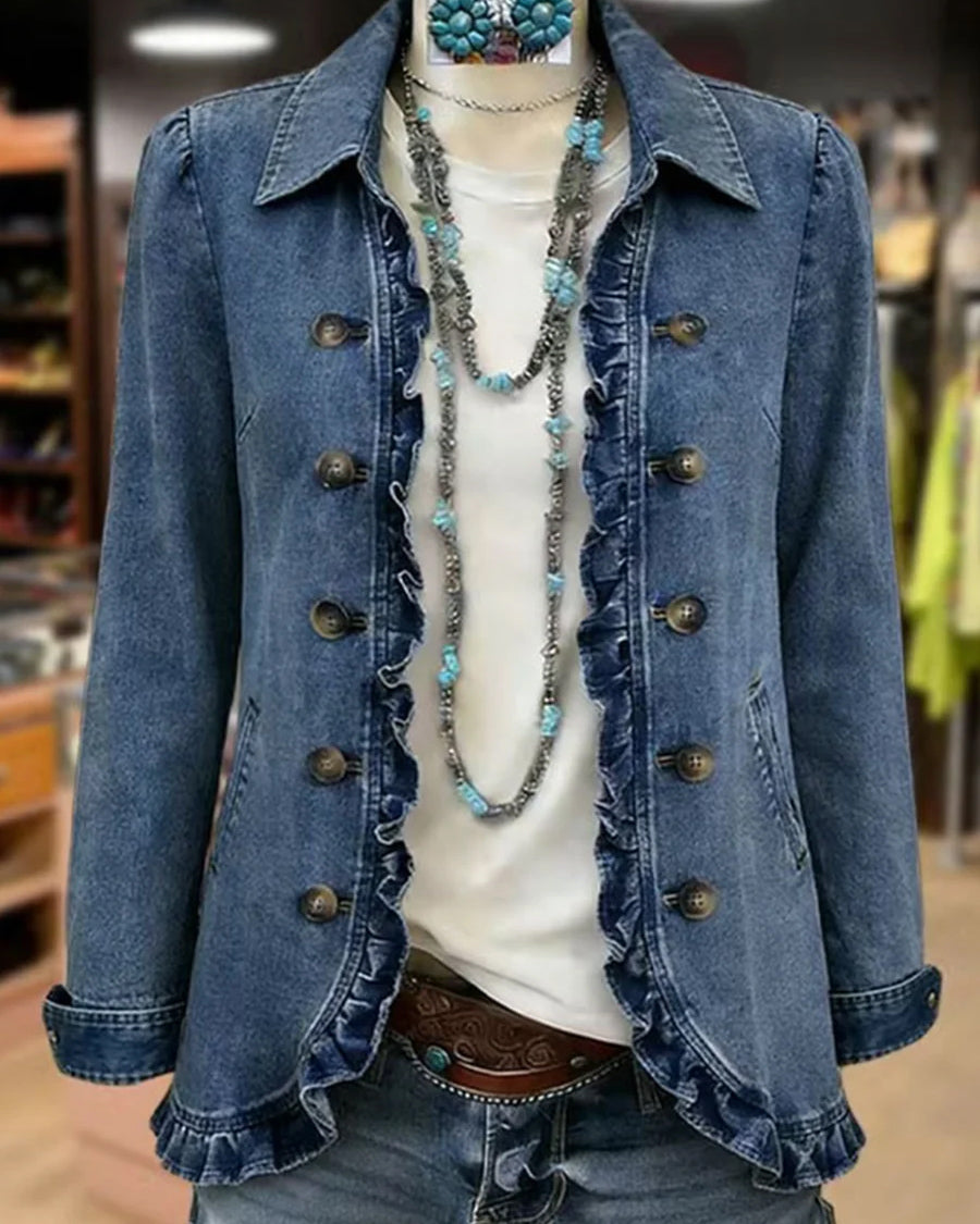 Vintage Lapel Lace Button‑Front Denim Jacket