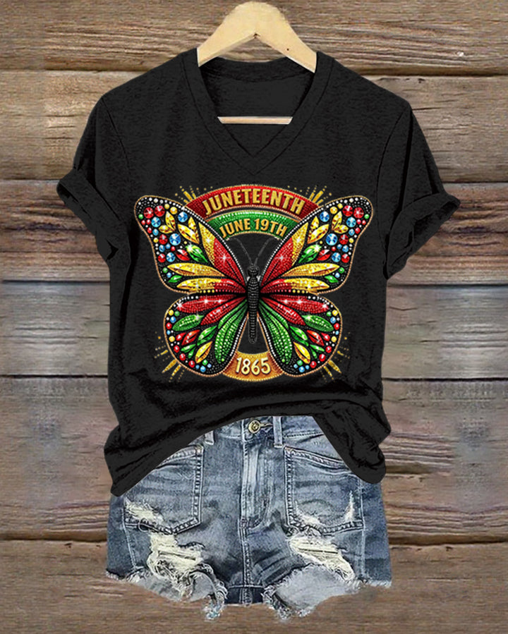 100% Cotton Juneteenth Reggae Diamond Butterfly V Neck Short Sleeve Tshirt